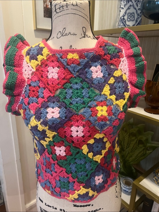 FARM Rio Tops - FARM Rio Multicolor Crochet Granny-Square Ruffle Sleeve sweater top XS